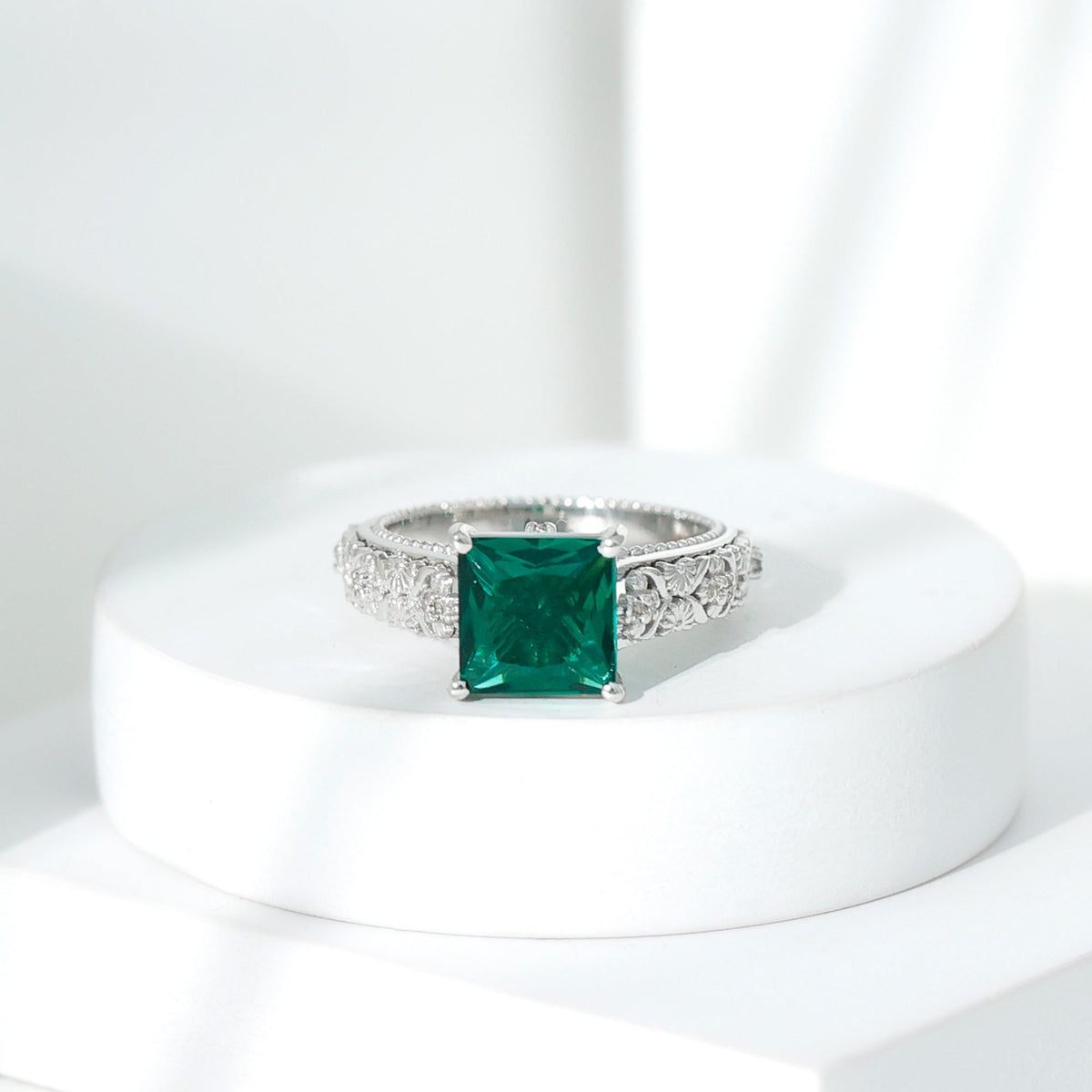 Emerald Engagement Ring - Princess Cut Solitaire with Diamond Floral Design