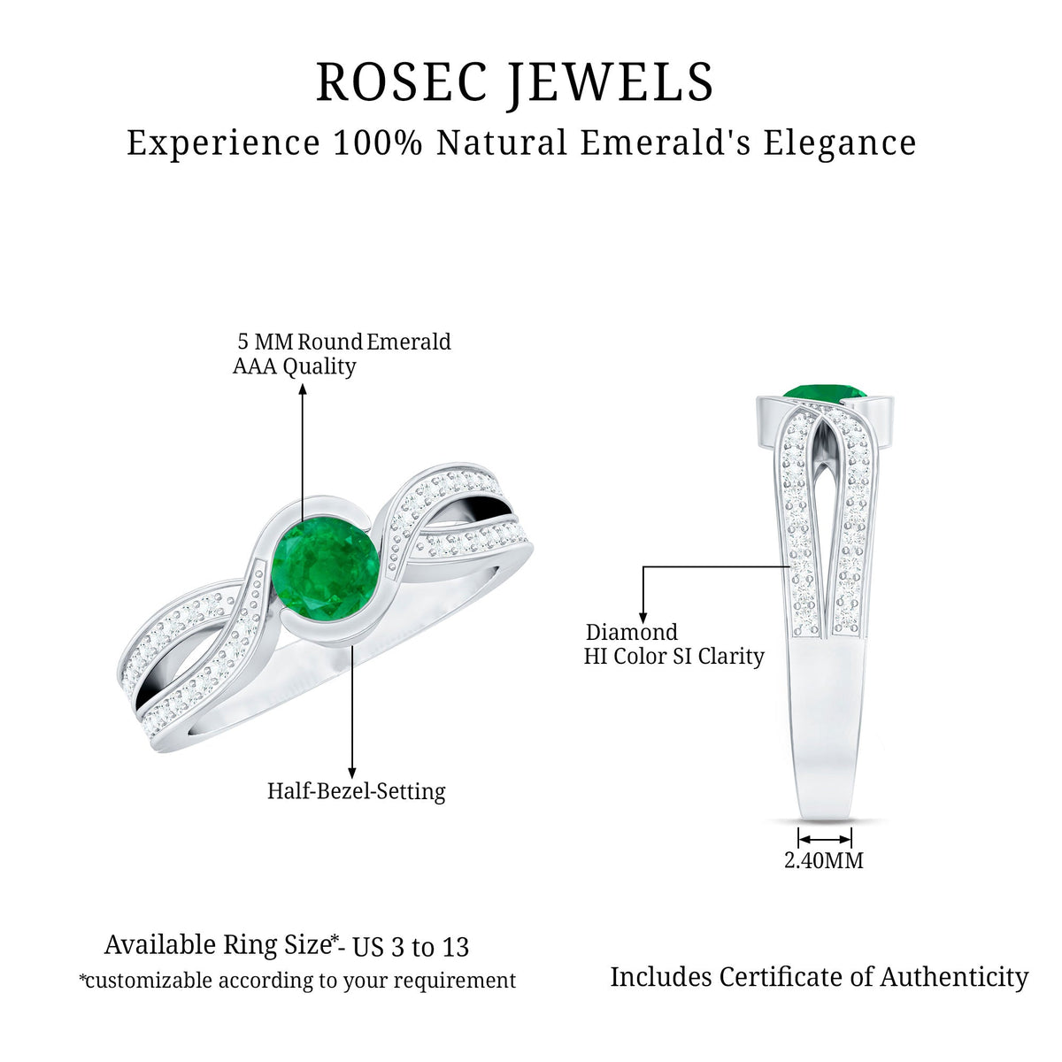 Emerald Engagement Ring – Round Cut Genuine Emerald with Diamond Accent Designer Setting
