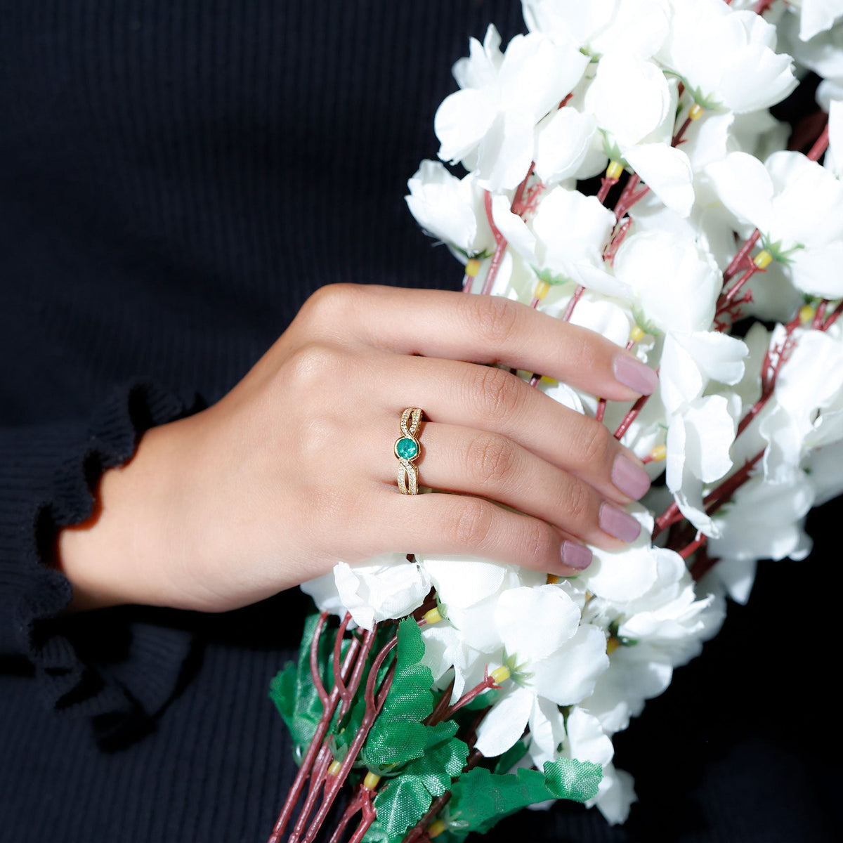 Emerald Engagement Ring – Round Cut Genuine Emerald with Diamond Accent Designer Setting