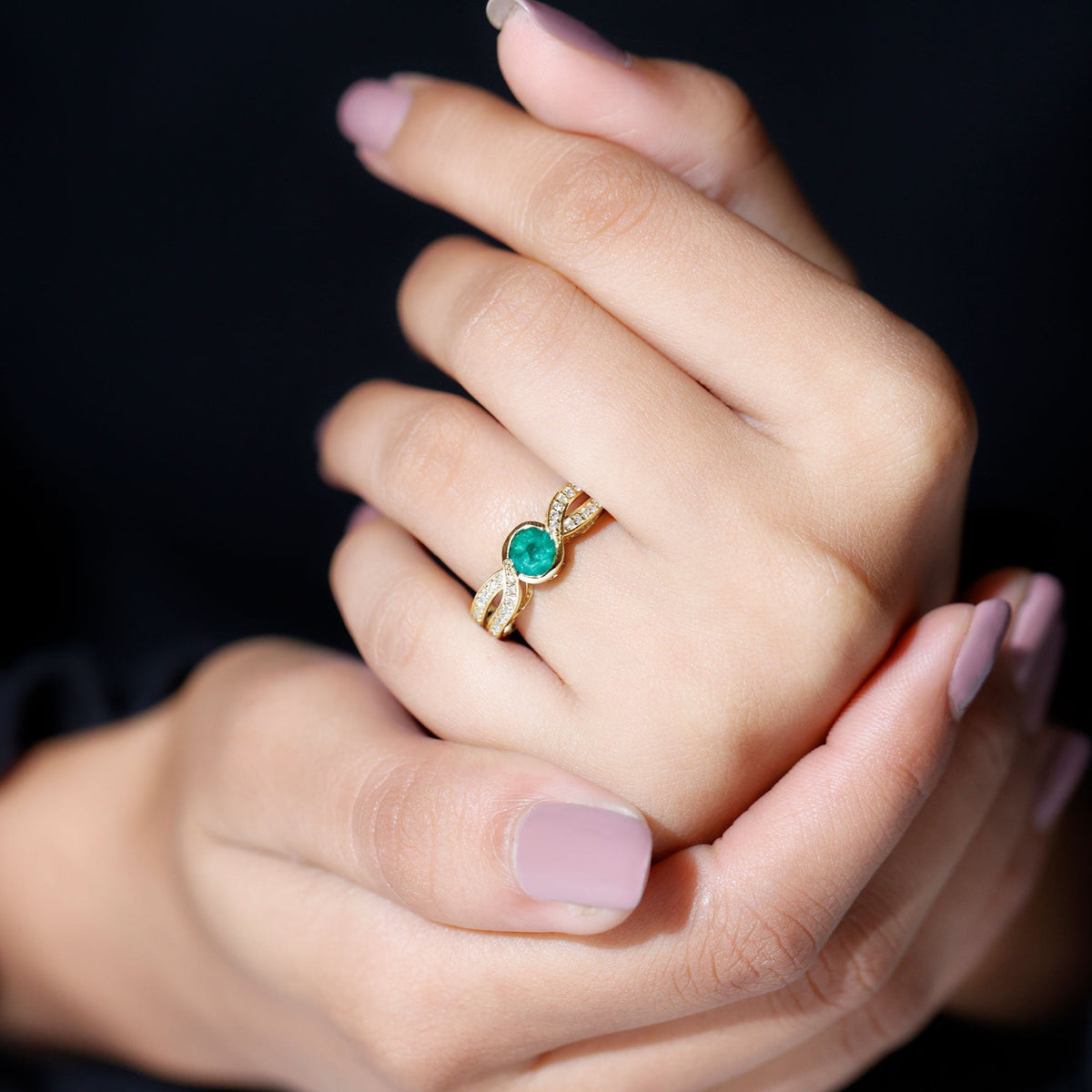 Emerald Engagement Ring – Round Cut Genuine Emerald with Diamond Accent Designer Setting