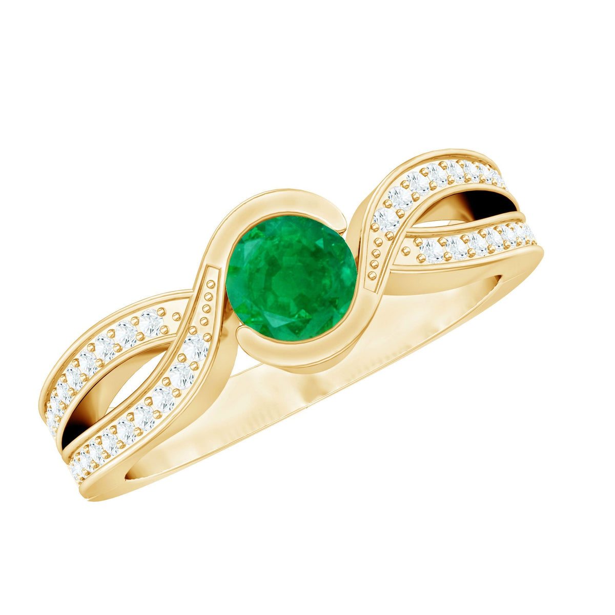 Emerald Engagement Ring – Round Cut Genuine Emerald with Diamond Accent Designer Setting