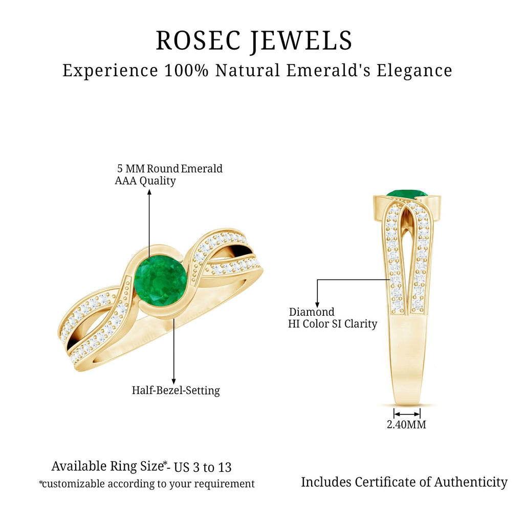 Emerald Engagement Ring – Round Cut Genuine Emerald with Diamond Accent Designer Setting