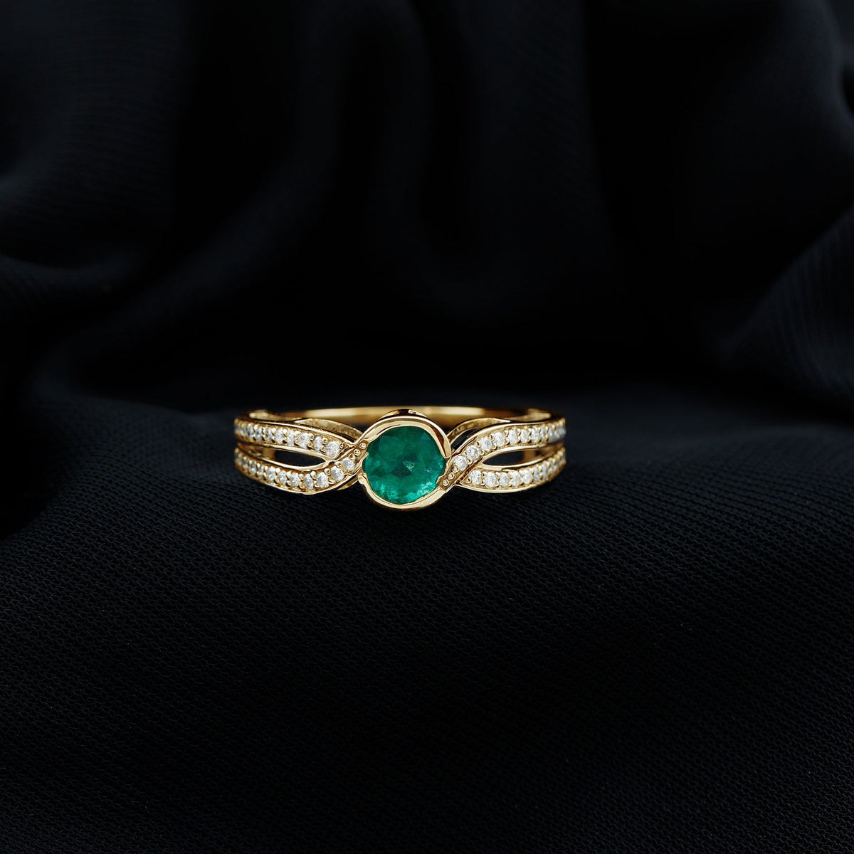 Emerald Engagement Ring – Round Cut Genuine Emerald with Diamond Accent Designer Setting