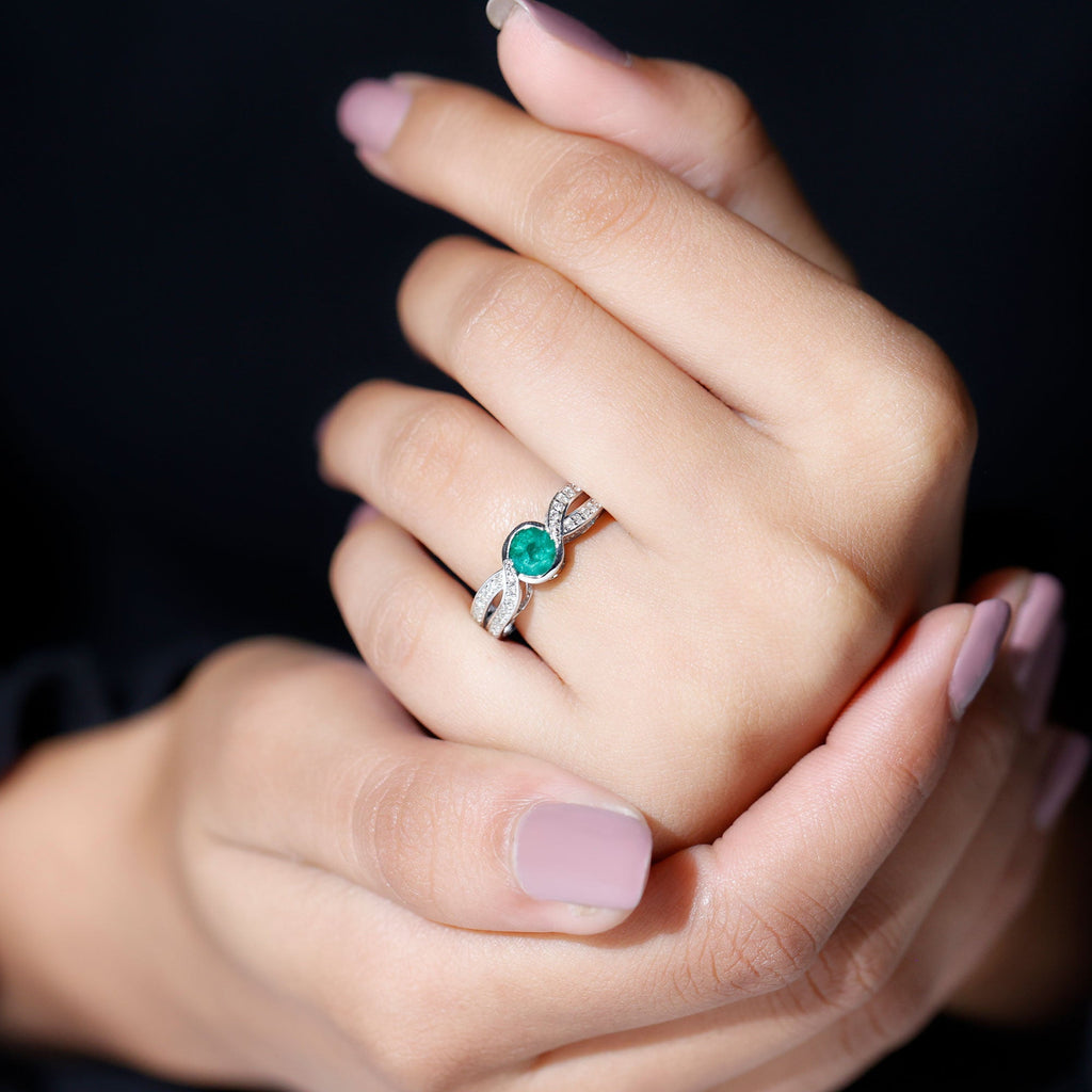 Emerald Engagement Ring – Round Cut Genuine Emerald with Diamond Accent Designer Setting