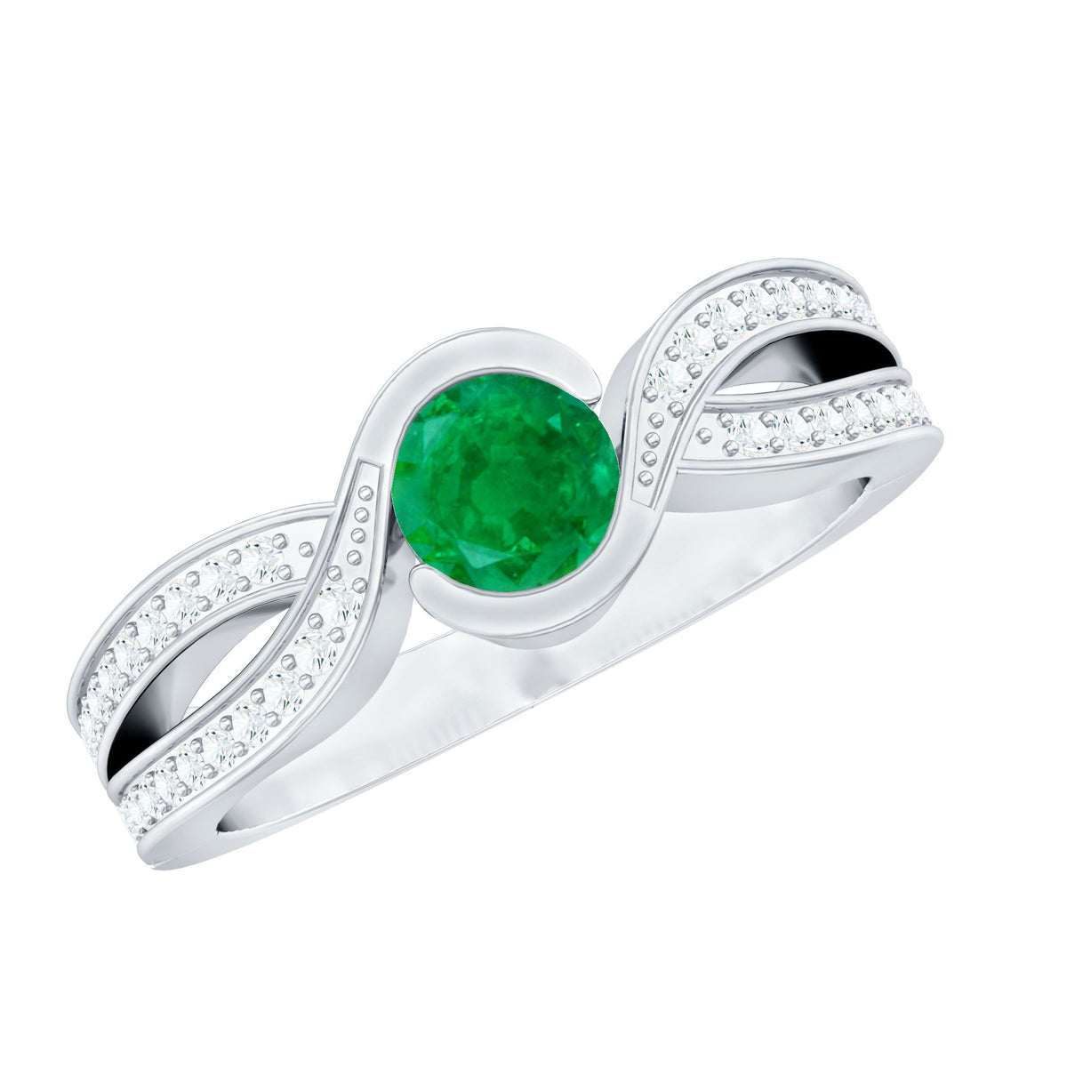 Emerald Engagement Ring – Round Cut Genuine Emerald with Diamond Accent Designer Setting