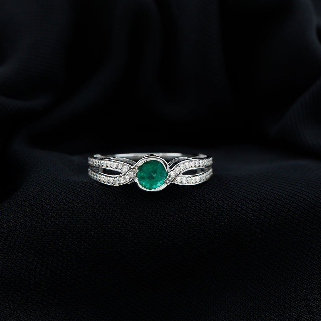 Emerald Engagement Ring – Round Cut Genuine Emerald with Diamond Accent Designer Setting