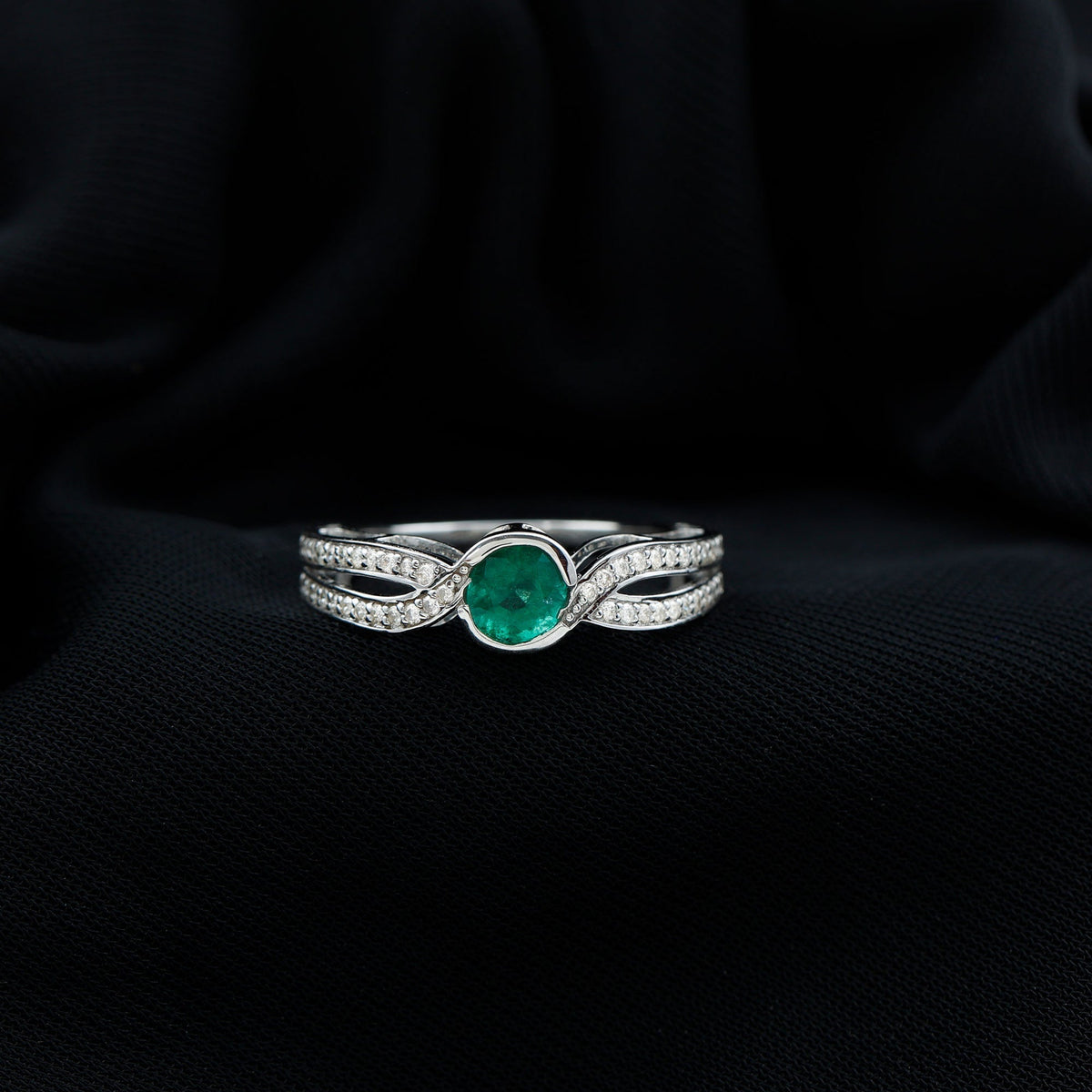Emerald Engagement Ring – Round Cut Genuine Emerald with Diamond Accent Designer Setting