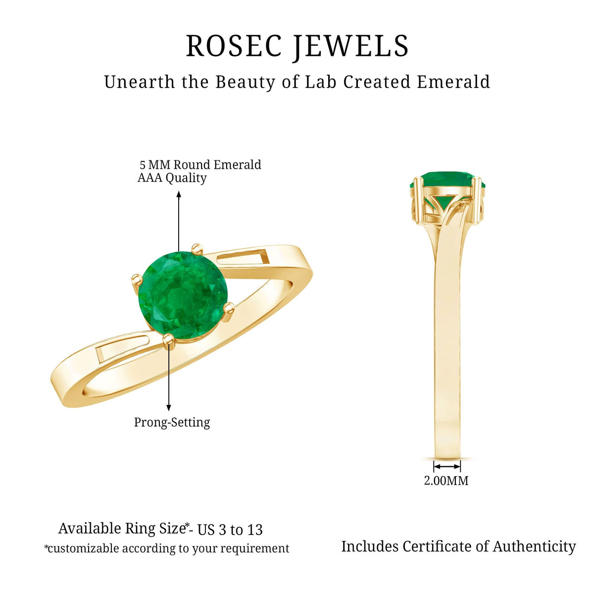 Emerald Engagement Ring - Round Solitaire 5MM Emerald in Elegant Bypass Shank