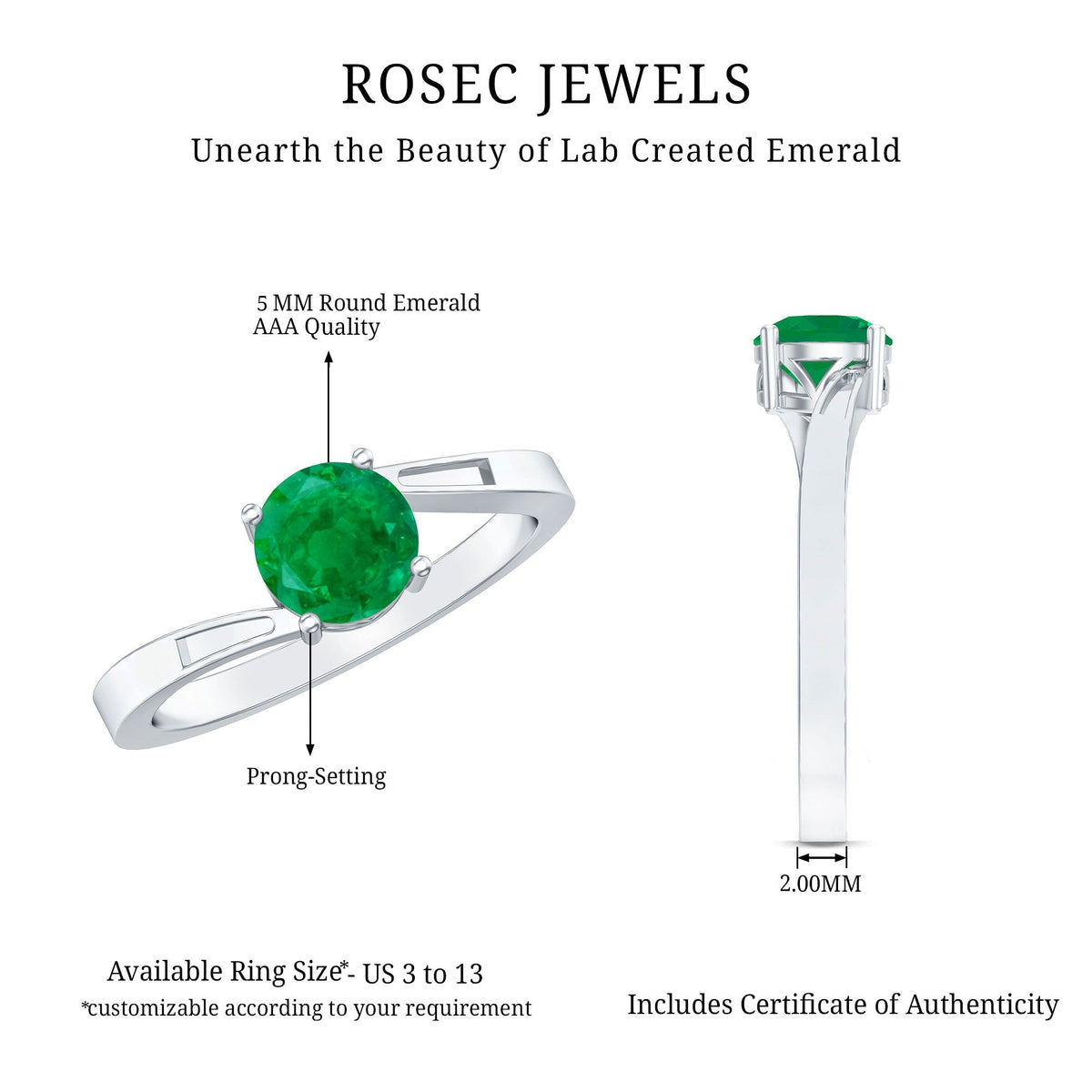 Emerald Engagement Ring - Round Solitaire 5MM Emerald in Elegant Bypass Shank