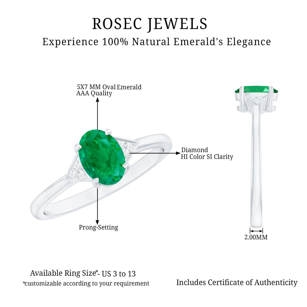 Emerald Engagement Ring - Solitaire 5x7 MM Oval Emerald with Diamonds | AAA Quality