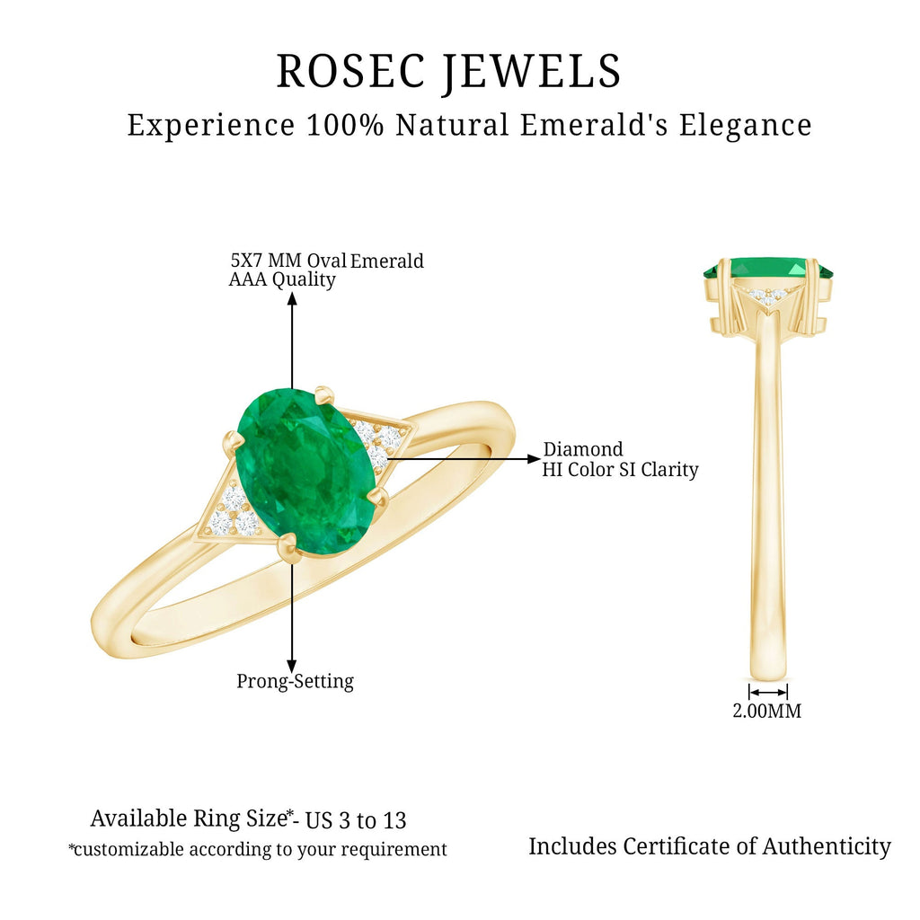 Emerald Engagement Ring - Solitaire 5x7 MM Oval Emerald with Diamonds | AAA Quality