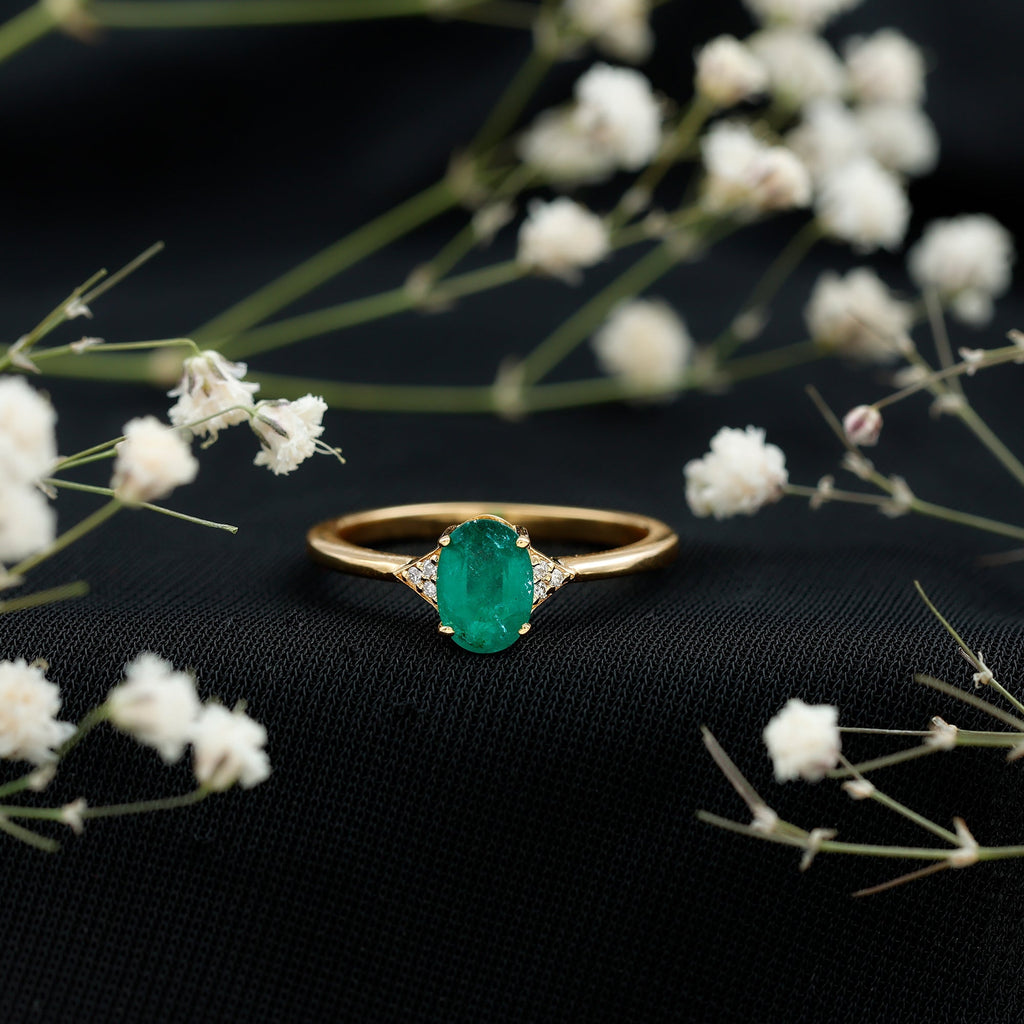 Emerald Engagement Ring - Solitaire 5x7 MM Oval Emerald with Diamonds | AAA Quality