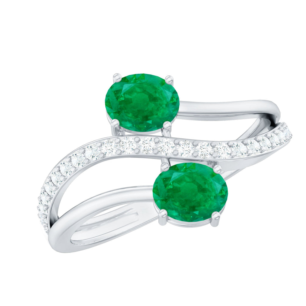 Emerald Engagement Ring - Two Stone Oval Emerald Bypass Design with Diamond Accents