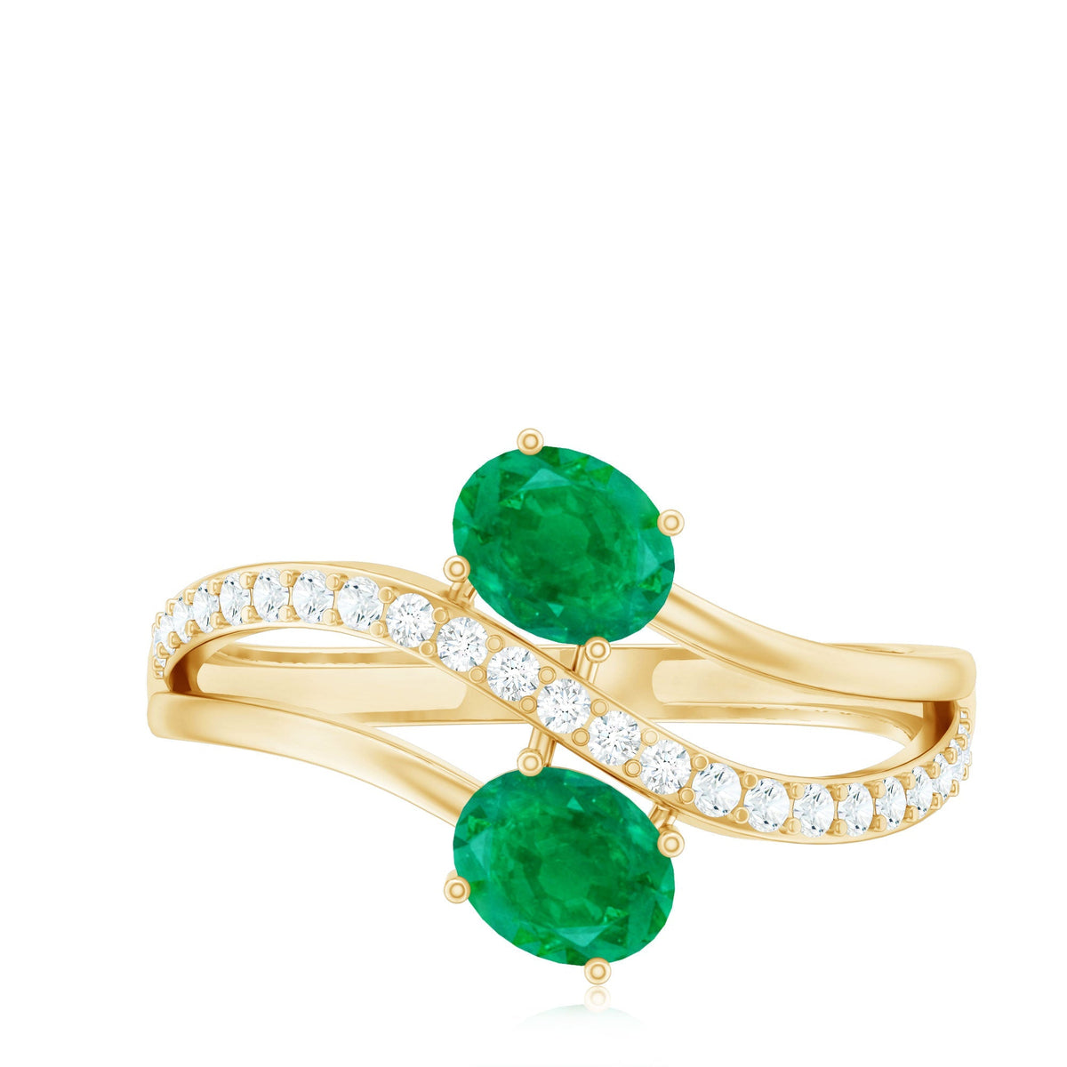 Emerald Engagement Ring - Two Stone Oval Emerald Bypass Design with Diamond Accents