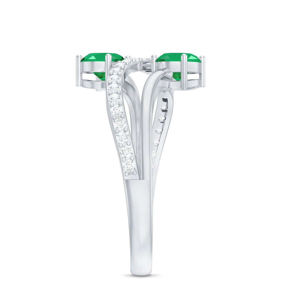 Emerald Engagement Ring - Two Stone Oval Emerald Bypass Design with Diamond Accents