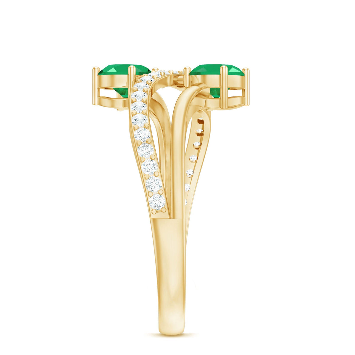 Emerald Engagement Ring - Two Stone Oval Emerald Bypass Design with Diamond Accents