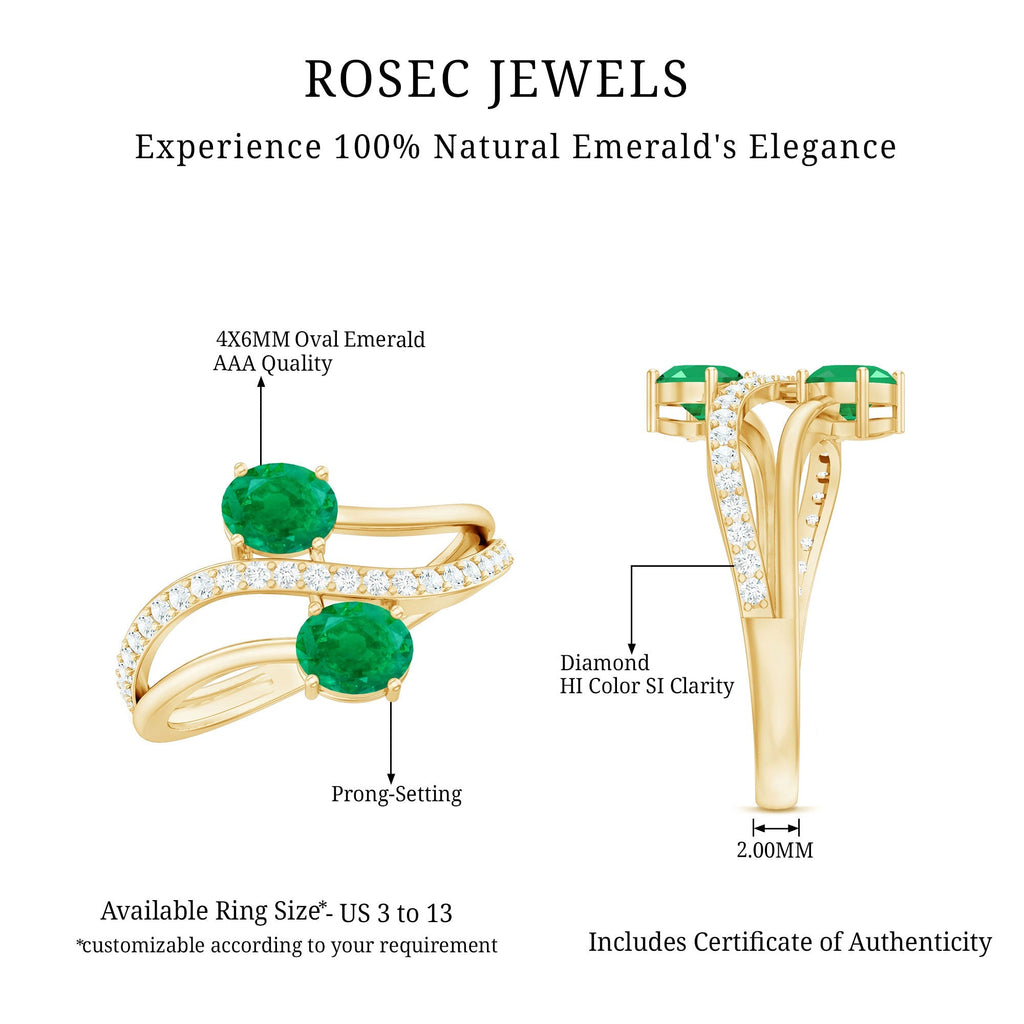 Emerald Engagement Ring - Two Stone Oval Emerald Bypass Design with Diamond Accents