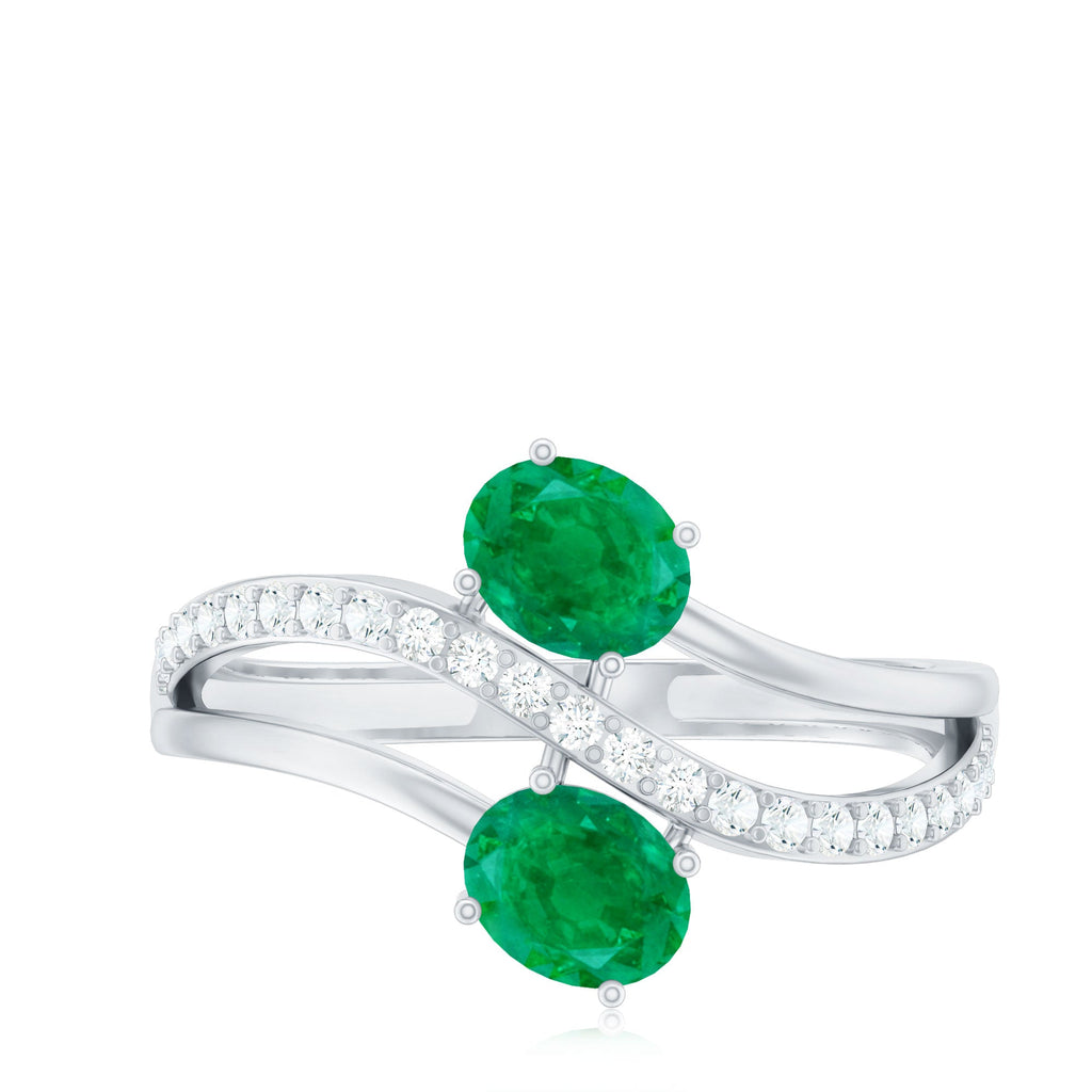 Emerald Engagement Ring - Two Stone Oval Emerald Bypass Design with Diamond Accents