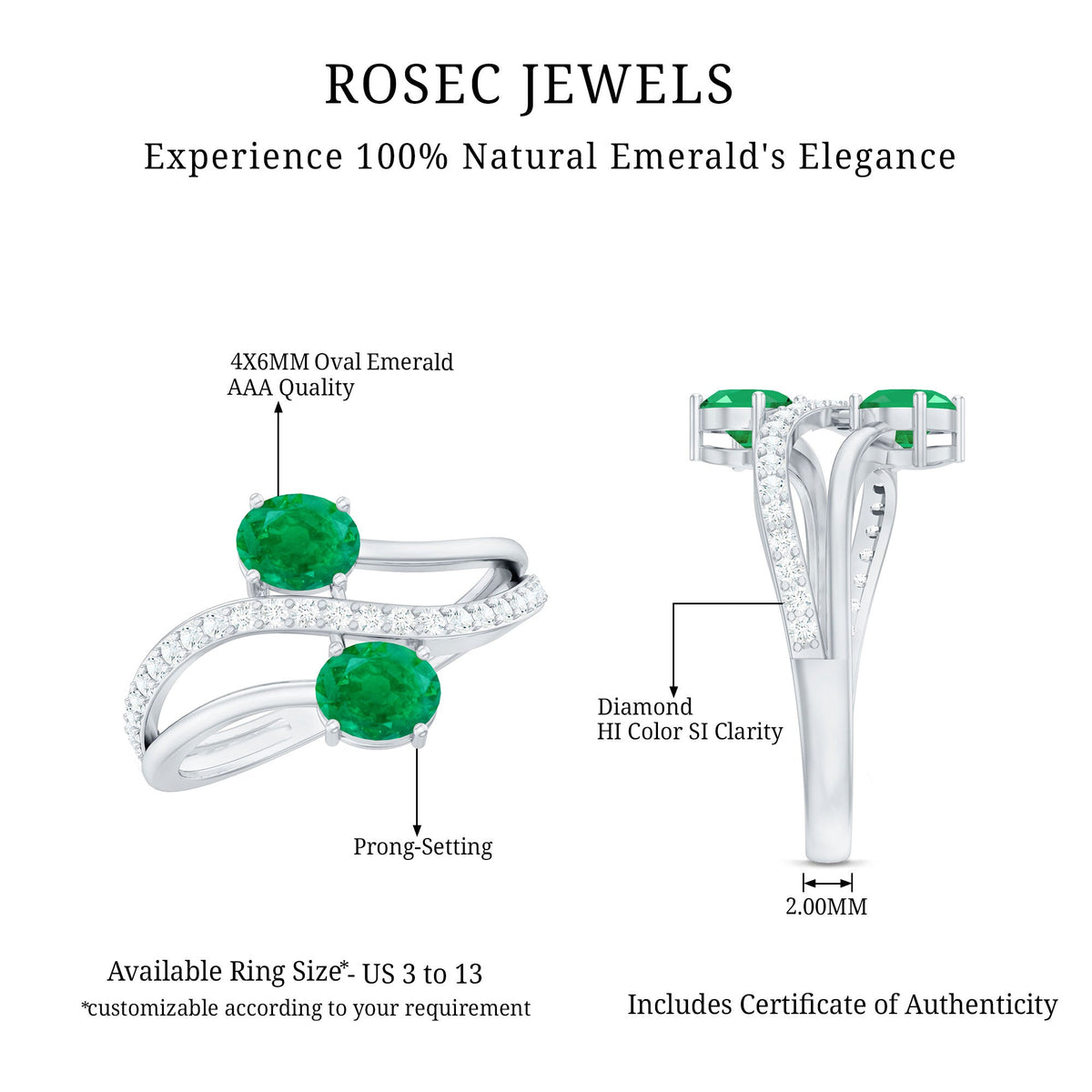 Emerald Engagement Ring - Two Stone Oval Emerald Bypass Design with Diamond Accents