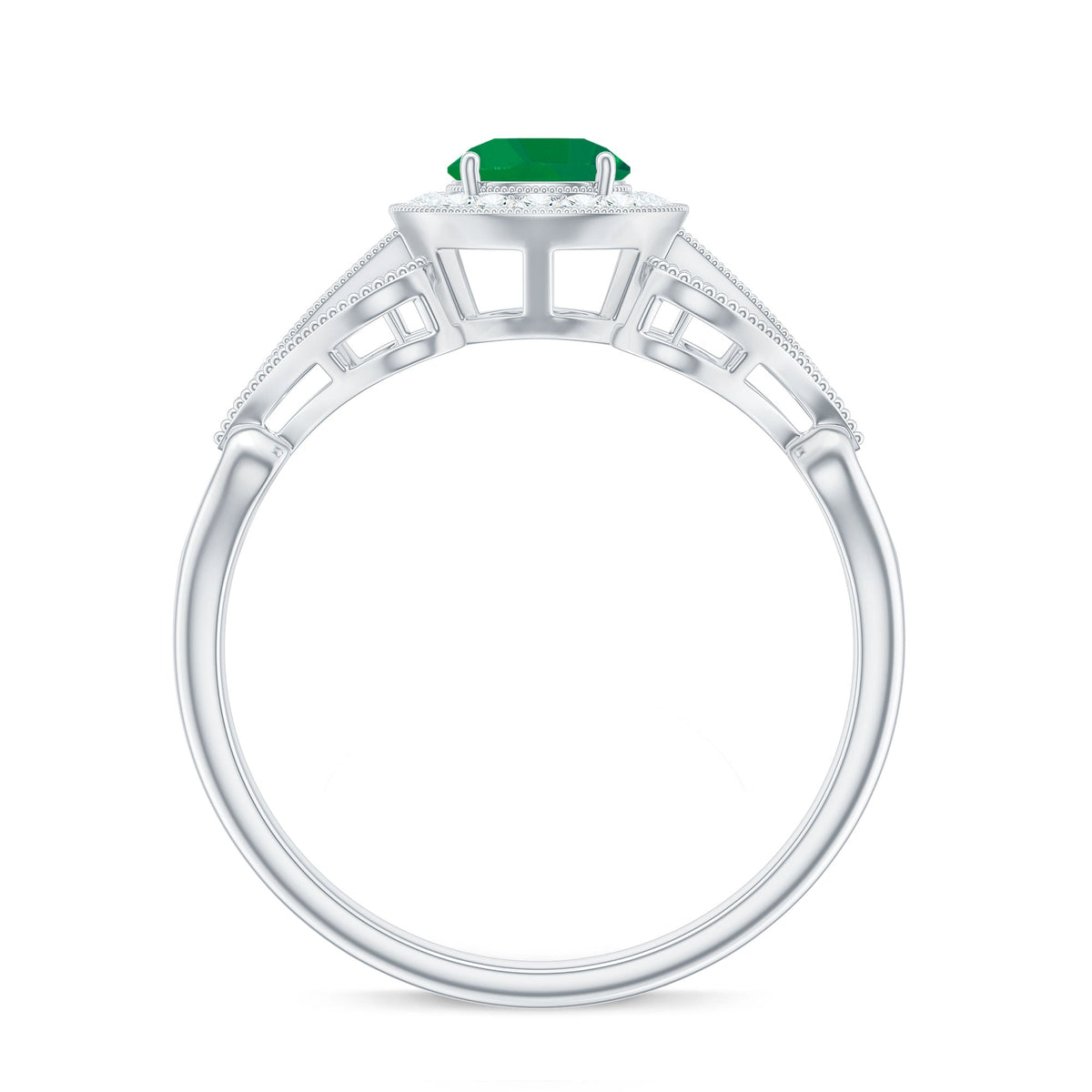 Emerald Engagement Ring - Vintage Art Deco Round Cut AAA Quality Emerald With Diamond Halo