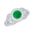 Emerald Engagement Ring - Vintage Art Deco Round Cut AAA Quality Emerald With Diamond Halo