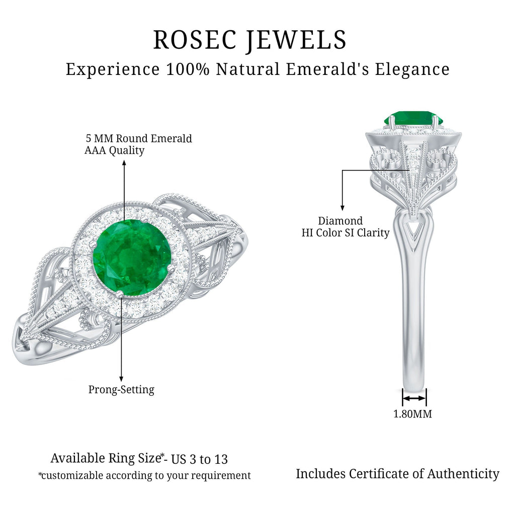 Emerald Engagement Ring - Vintage Art Deco Round Cut AAA Quality Emerald With Diamond Halo