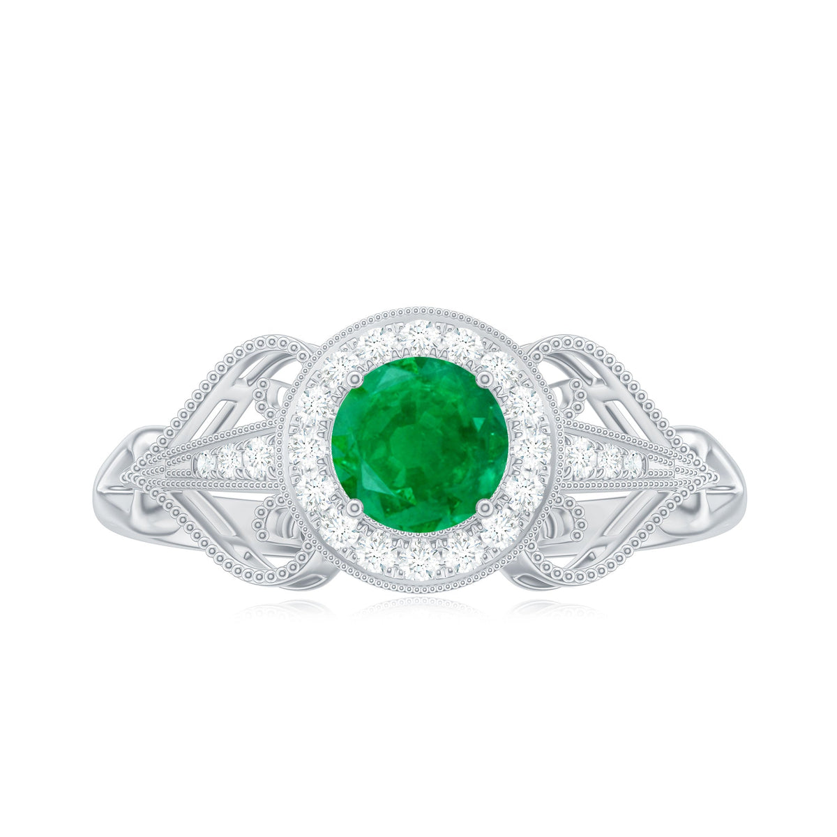 Emerald Engagement Ring - Vintage Art Deco Round Cut AAA Quality Emerald With Diamond Halo