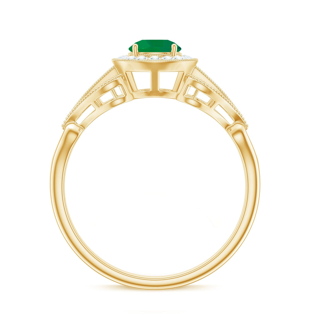 Emerald Engagement Ring - Vintage Art Deco Round Cut AAA Quality Emerald With Diamond Halo
