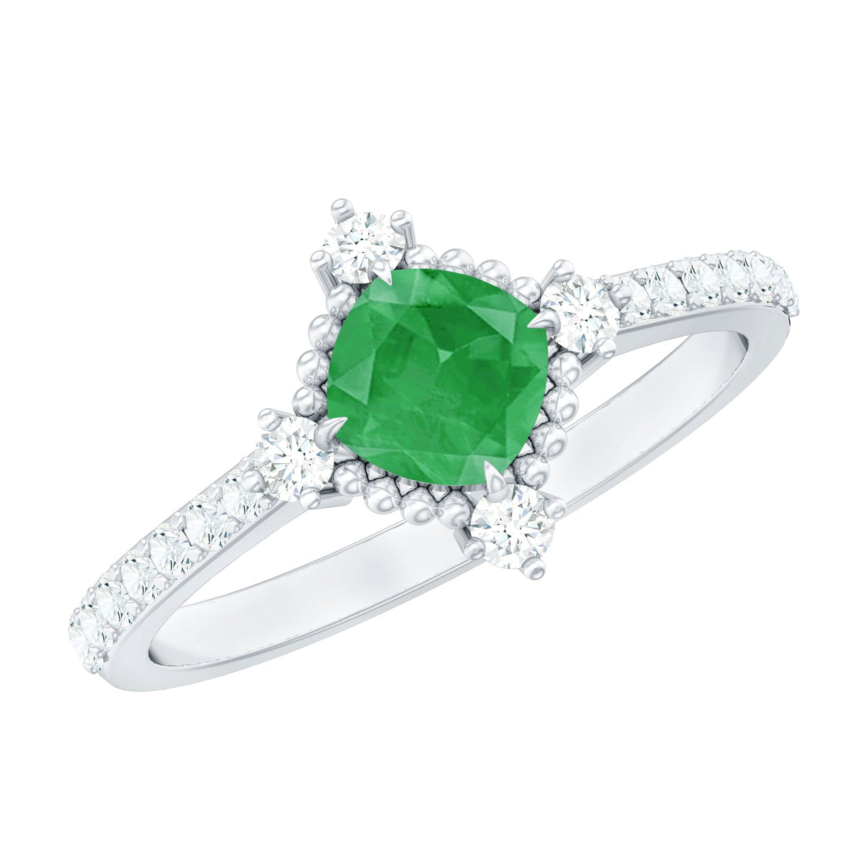 Emerald Engagement Ring – Vintage Cushion Cut Diamond Ring with Beaded Detailing