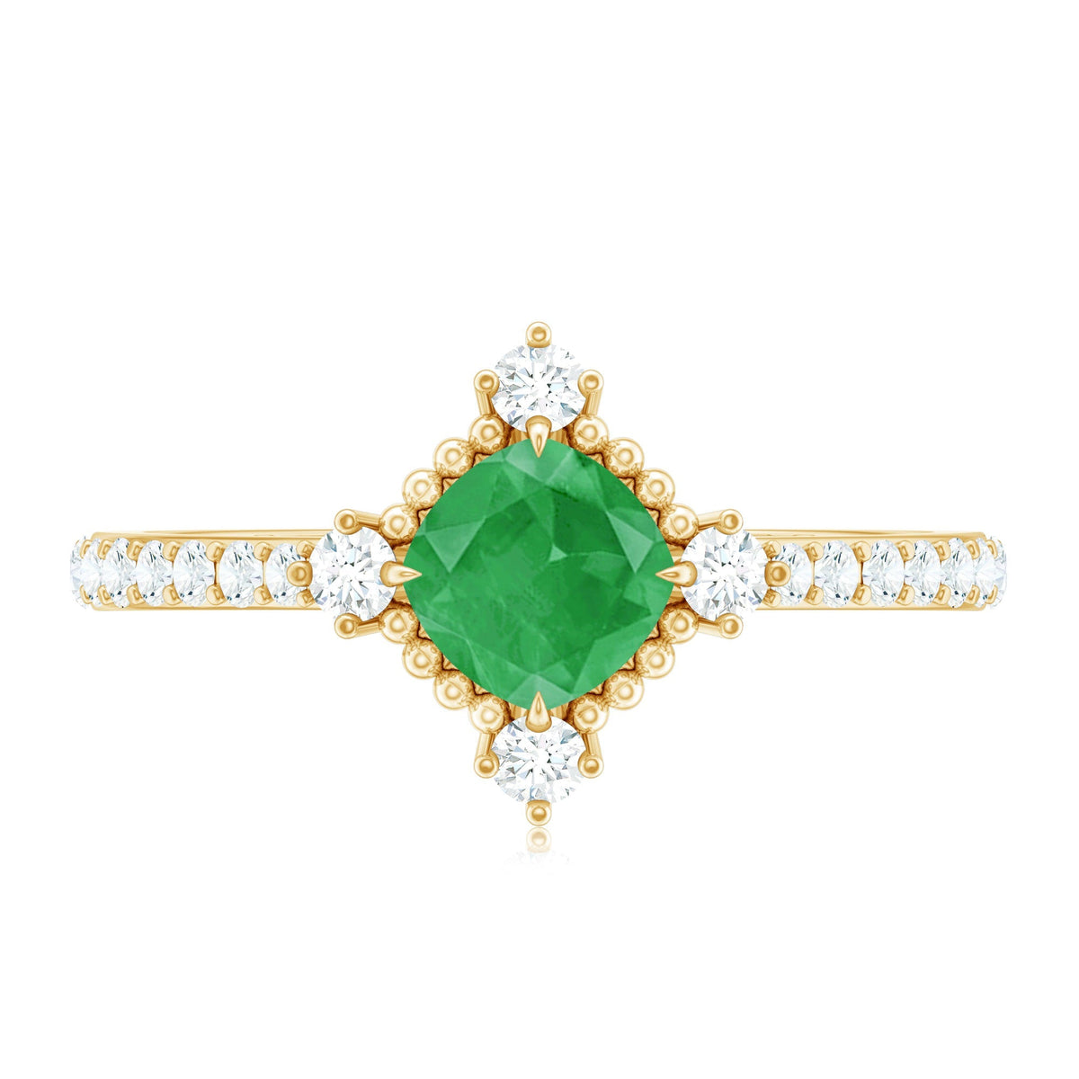 Emerald Engagement Ring – Vintage Cushion Cut Diamond Ring with Beaded Detailing