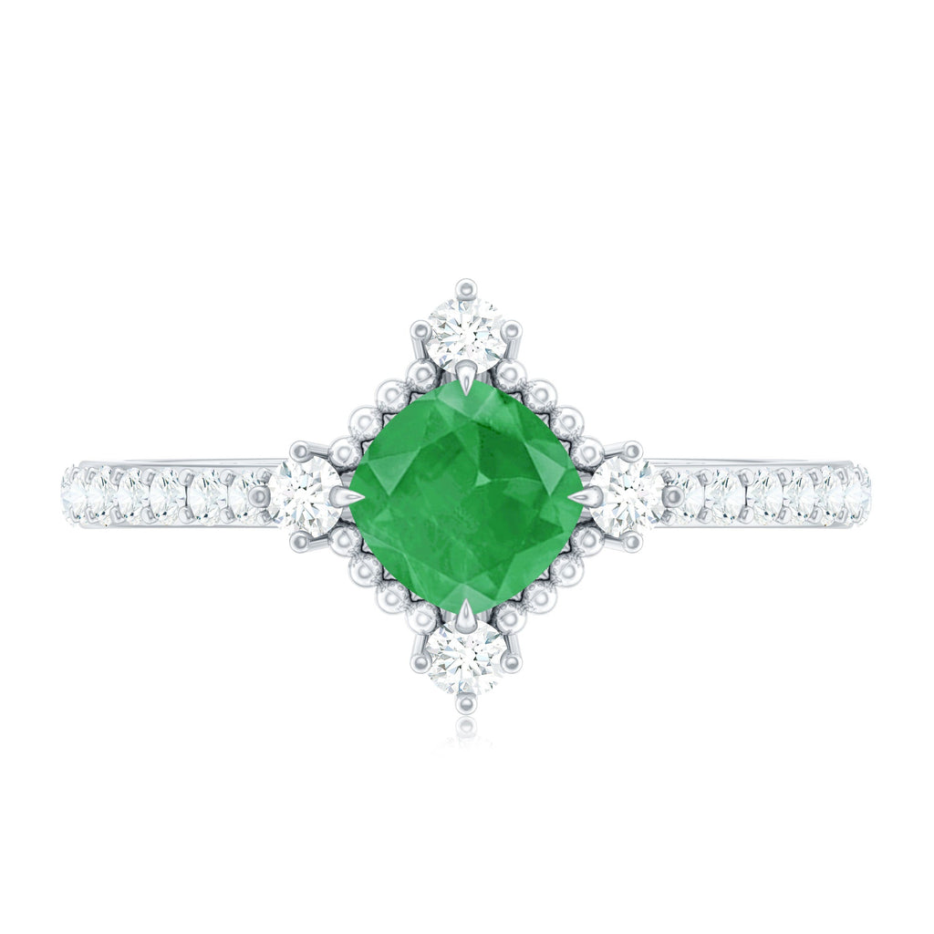 Emerald Engagement Ring – Vintage Cushion Cut Diamond Ring with Beaded Detailing