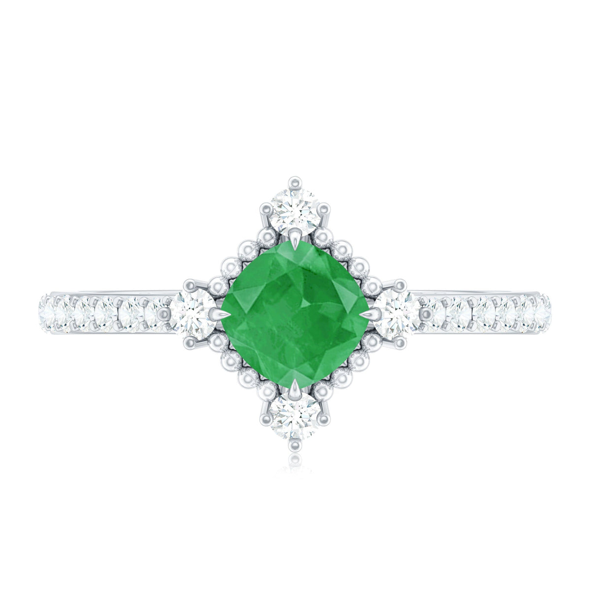 Emerald Engagement Ring – Vintage Cushion Cut Diamond Ring with Beaded Detailing
