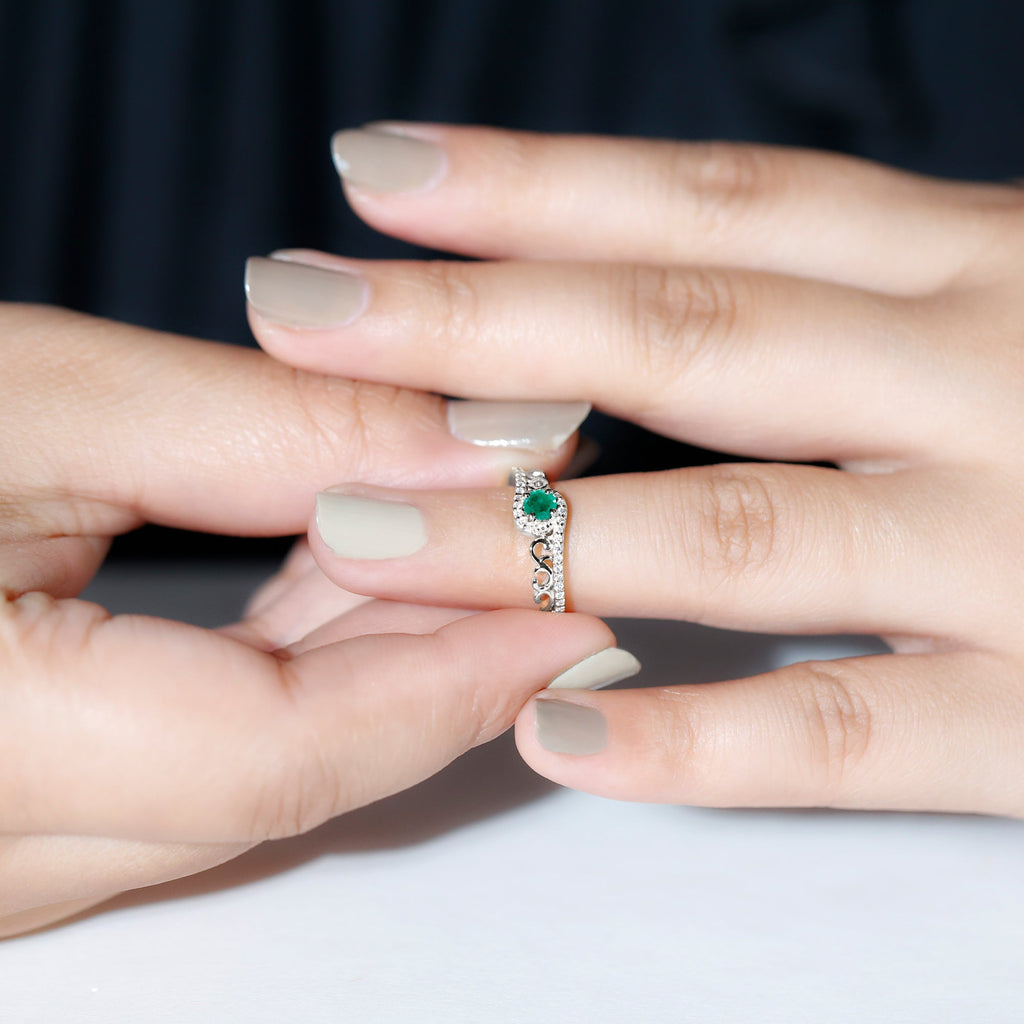 Emerald Engagement Ring – Vintage Diamond Bypass Shank Design Band