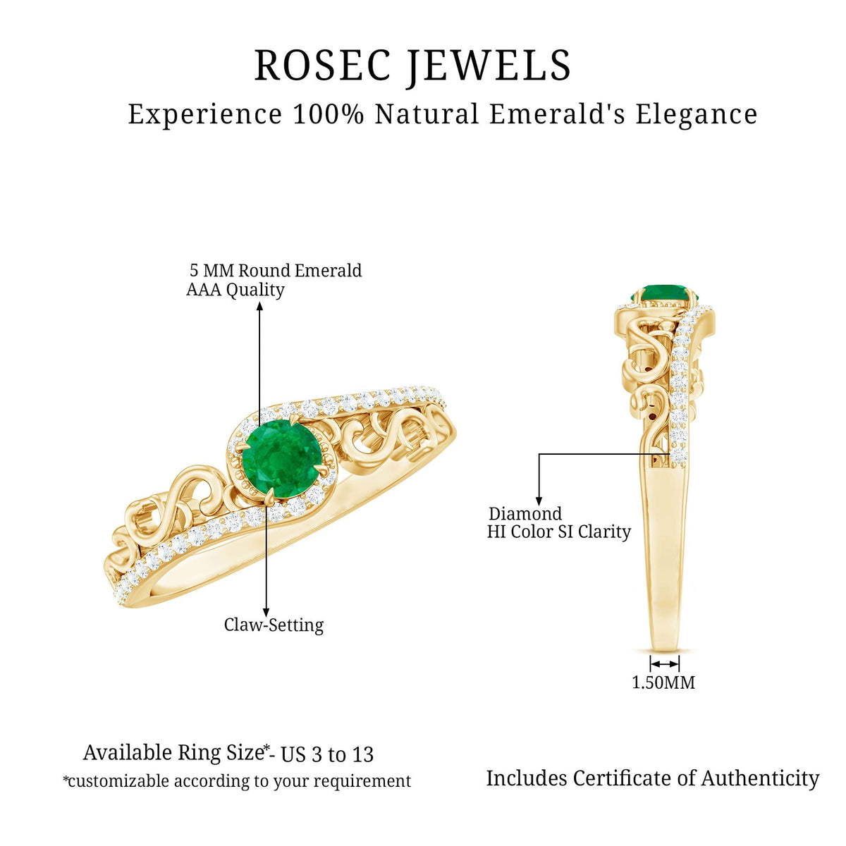 Emerald Engagement Ring – Vintage Diamond Bypass Shank Design Band