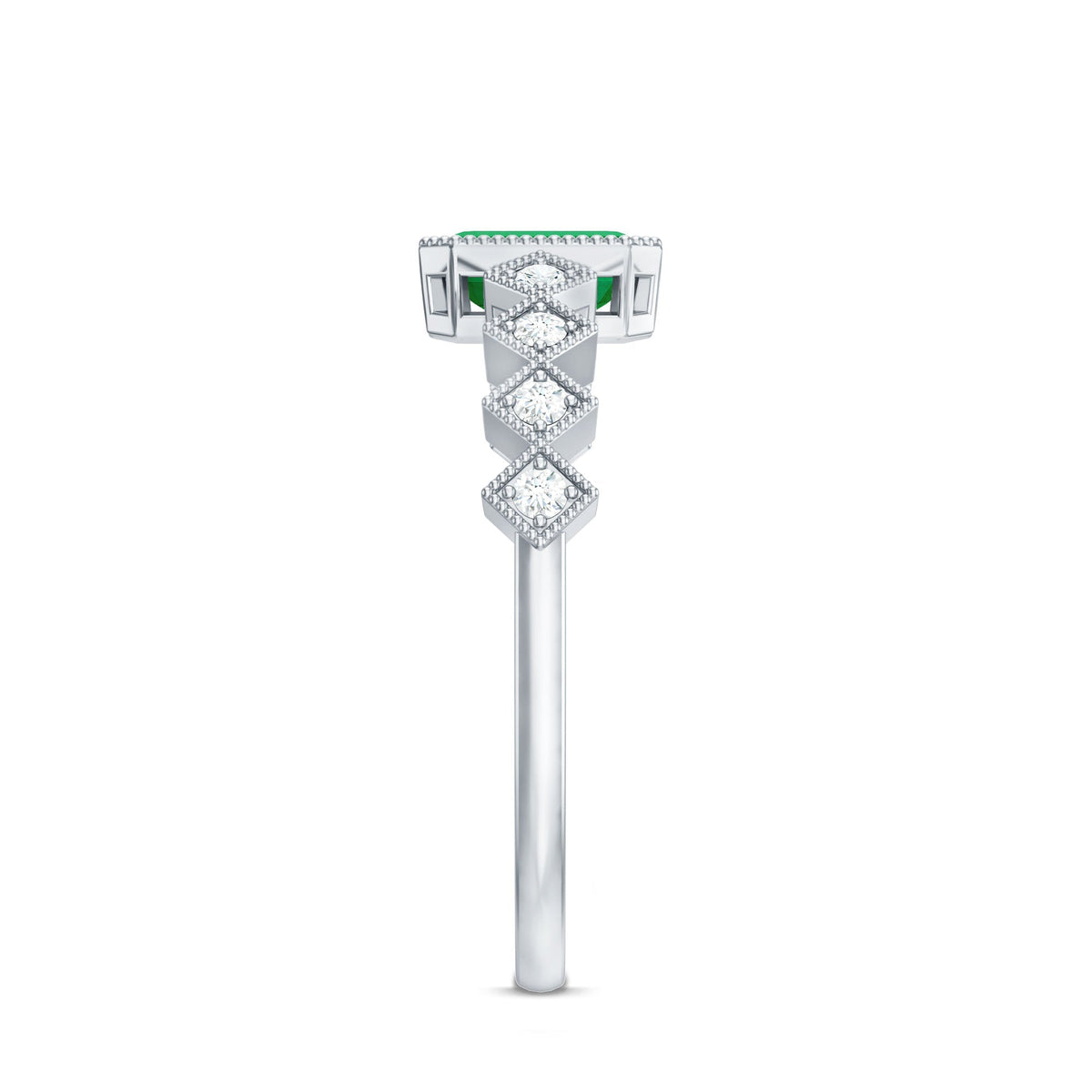 Emerald Engagement Ring – Vintage Emerald Cut Bezel Set with Diamond Side Stones