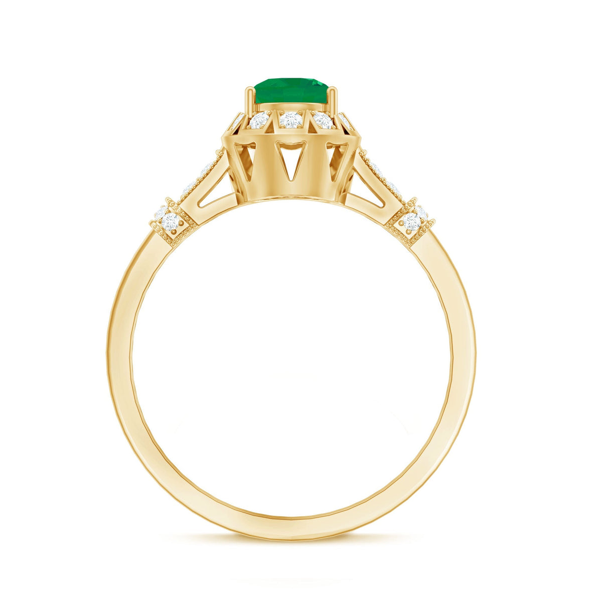 Emerald Engagement Ring - Vintage Halo Diamond Ring with AAA Quality Emerald