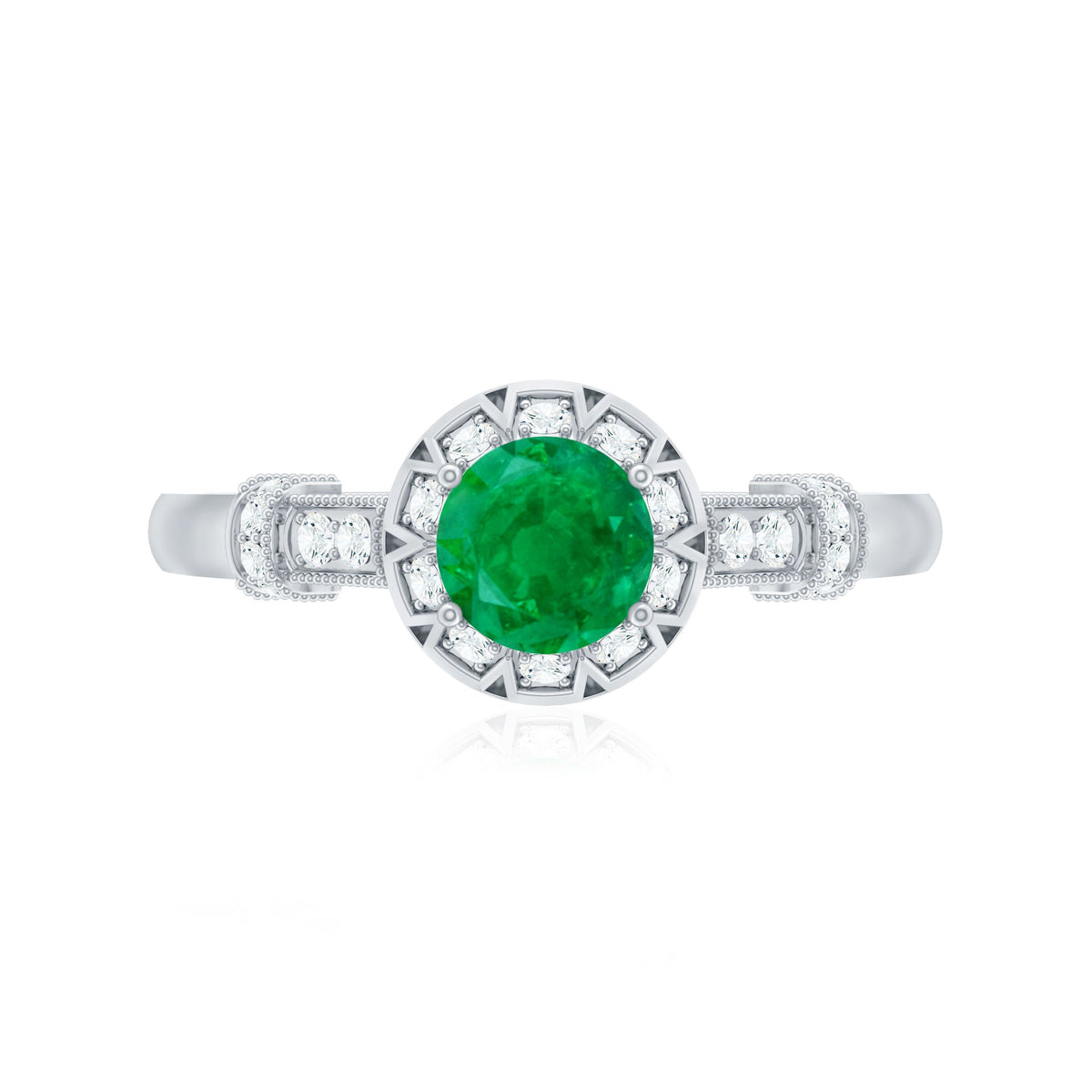 Emerald Engagement Ring - Vintage Halo Diamond Ring with AAA Quality Emerald
