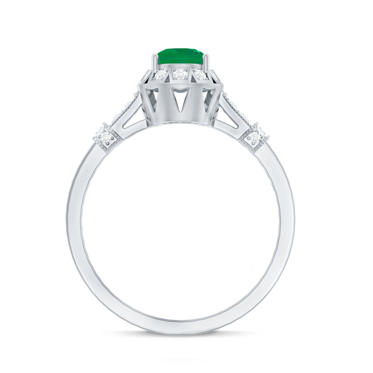 Emerald Engagement Ring - Vintage Halo Diamond Ring with AAA Quality Emerald