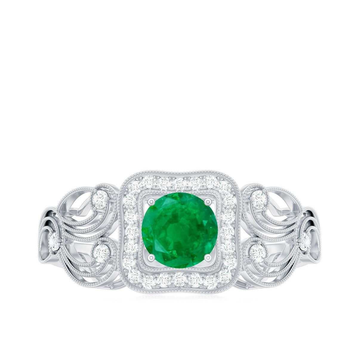 Emerald Engagement Ring Vintage Inspired – Diamond Halo, AAA Quality Green Gemstone