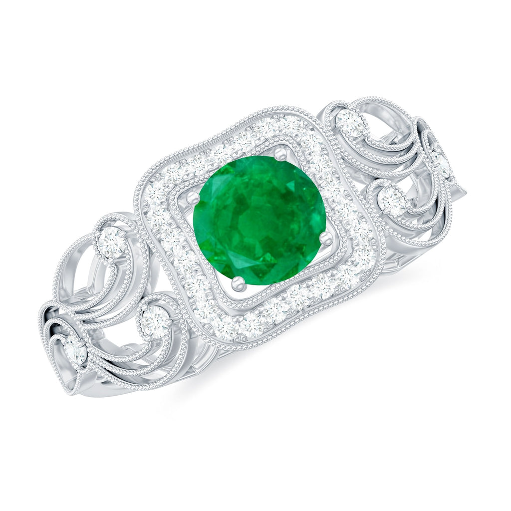 Emerald Engagement Ring Vintage Inspired – Diamond Halo, AAA Quality Green Gemstone