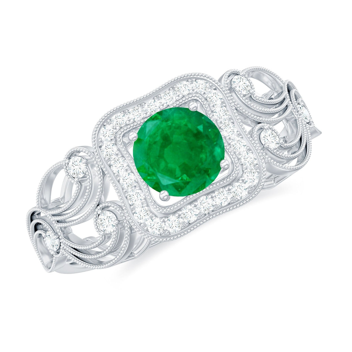 Emerald Engagement Ring Vintage Inspired – Diamond Halo, AAA Quality Green Gemstone