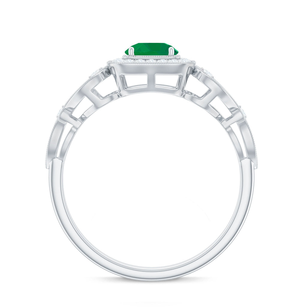 Emerald Engagement Ring Vintage Inspired – Diamond Halo, AAA Quality Green Gemstone