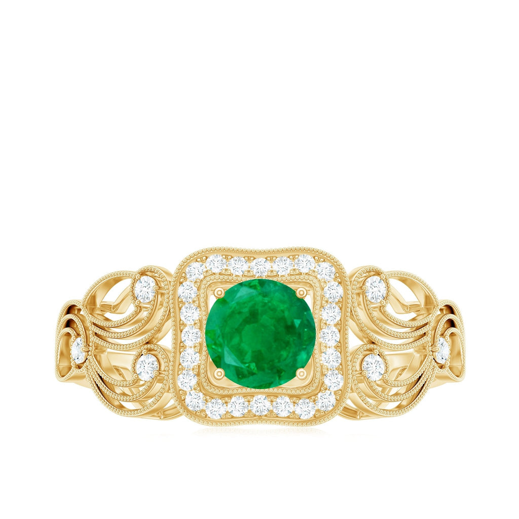 Emerald Engagement Ring Vintage Inspired – Diamond Halo, AAA Quality Green Gemstone