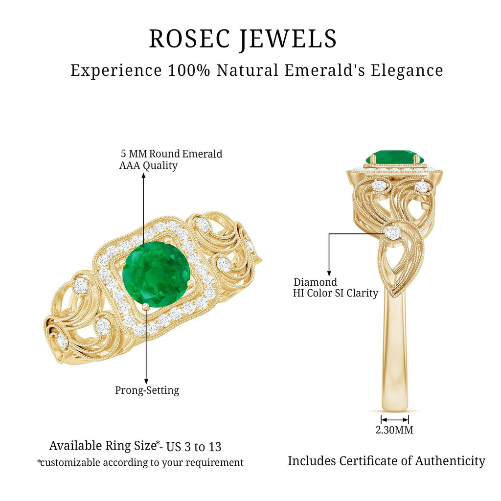Emerald Engagement Ring Vintage Inspired – Diamond Halo, AAA Quality Green Gemstone