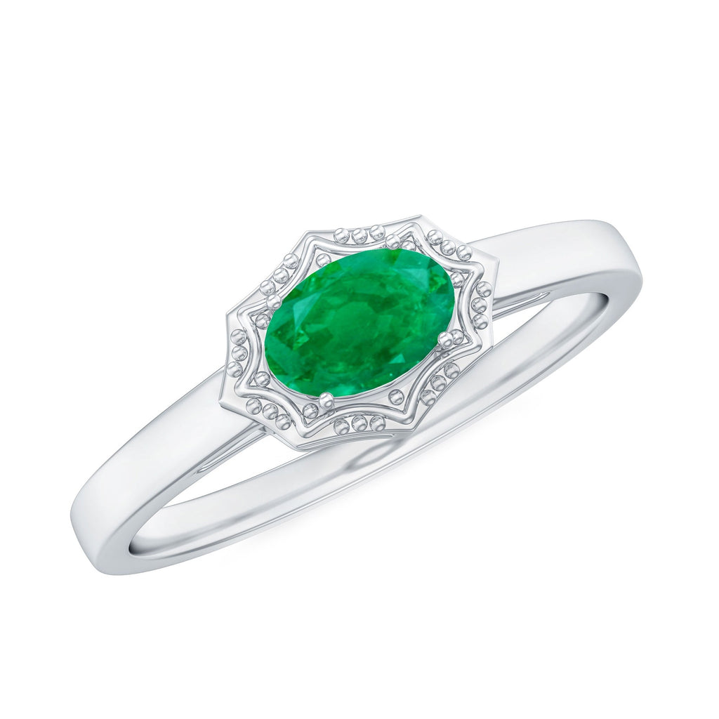 Emerald Engagement Ring – Vintage Oval Cut Solitaire Prong Setting AAA Quality