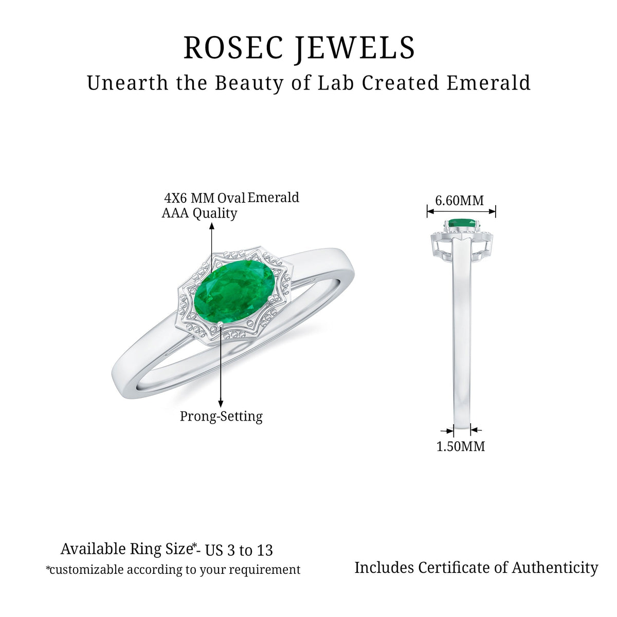 Emerald Engagement Ring – Vintage Oval Cut Solitaire Prong Setting AAA Quality