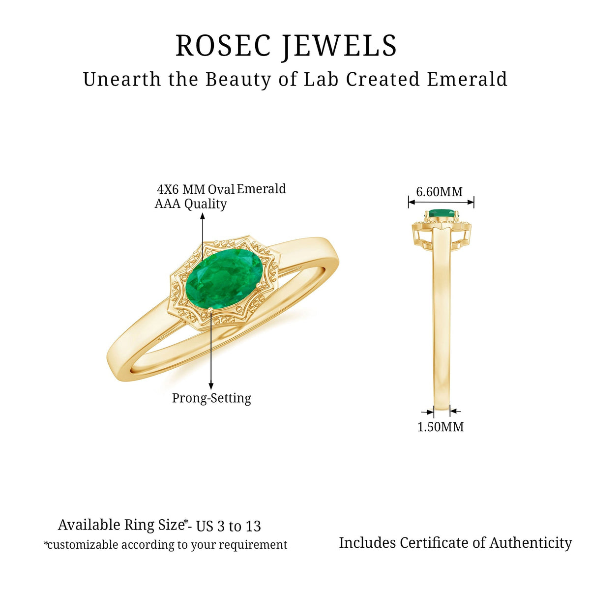 Emerald Engagement Ring – Vintage Oval Cut Solitaire Prong Setting AAA Quality