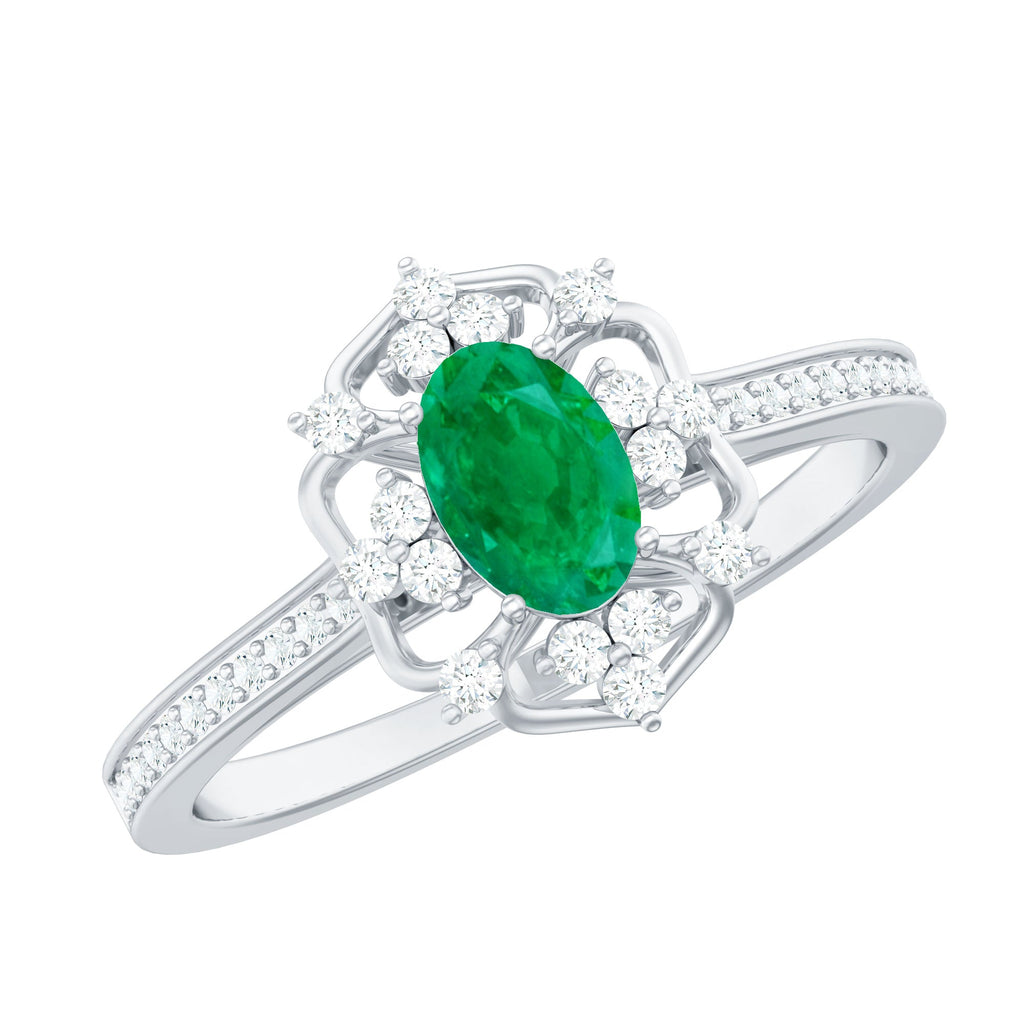 Emerald Engagement Ring - Vintage Oval Emerald Diamond Accent Prong Setting