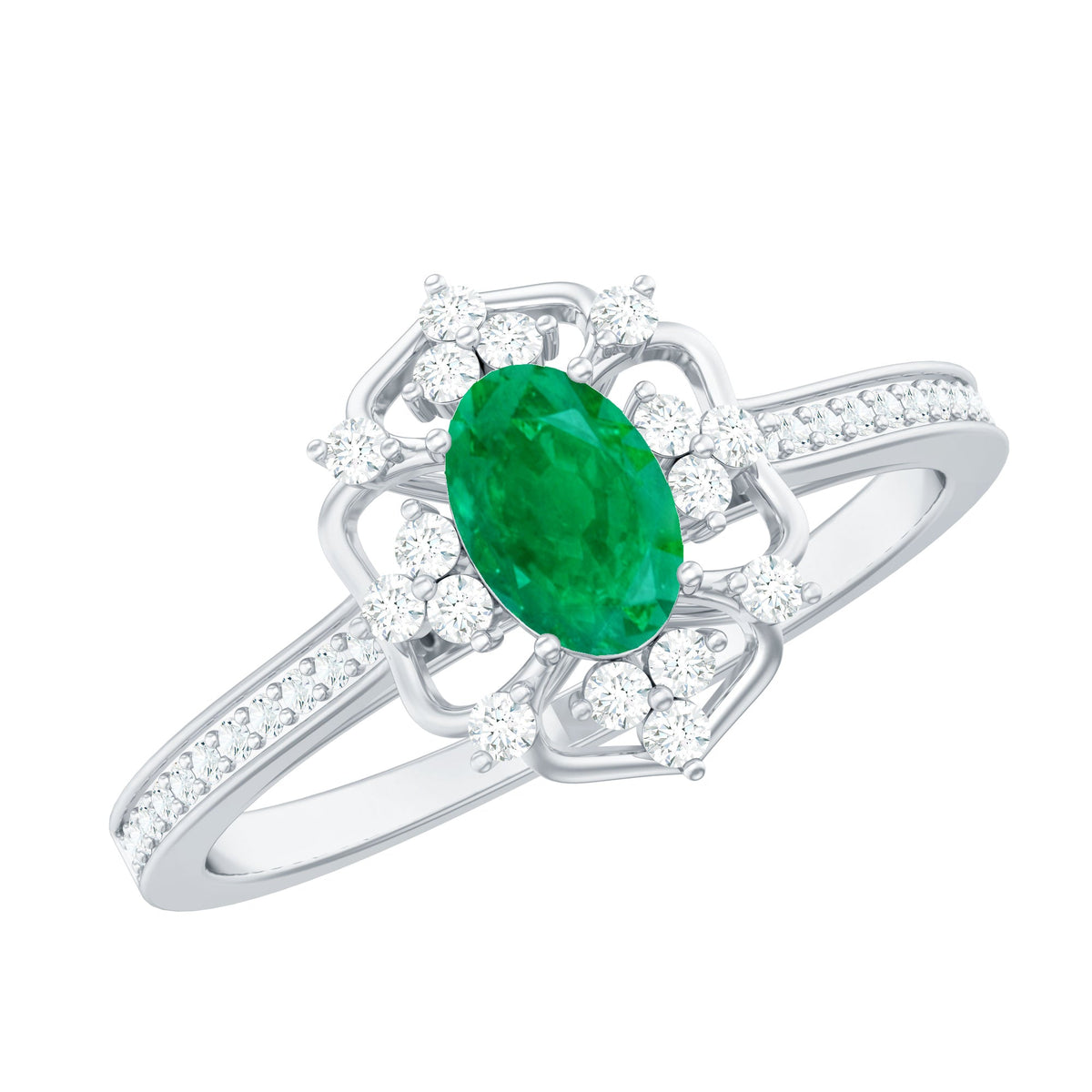 Emerald Engagement Ring - Vintage Oval Emerald Diamond Accent Prong Setting