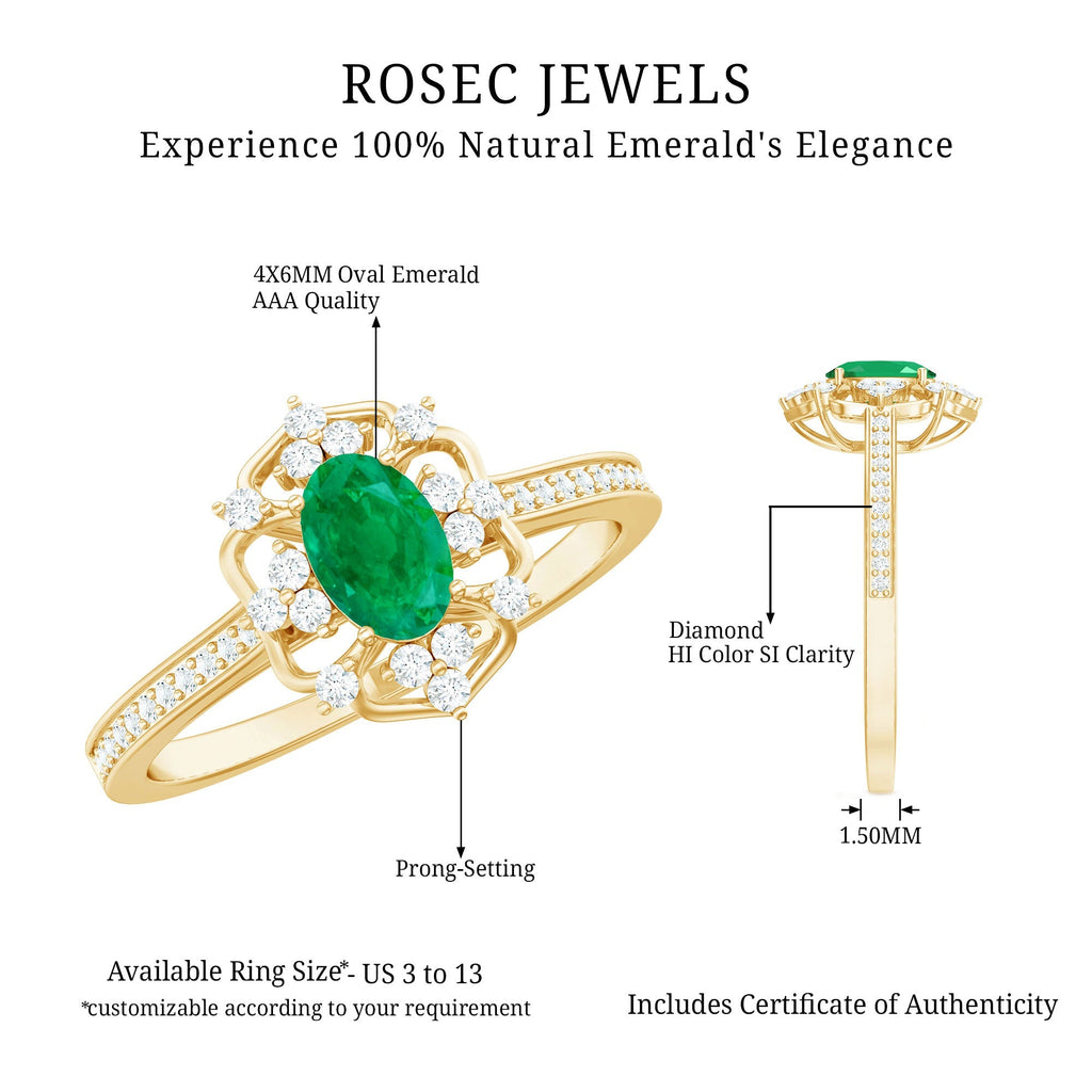 Emerald Engagement Ring - Vintage Oval Emerald Diamond Accent Prong Setting